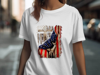 American Flag Plus Cross Held in Hand Design T-Shirt - Design & Vybe