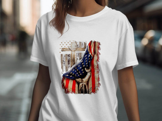 American Flag Plus Cross Held in Hand Design T-Shirt - Design & Vybe
