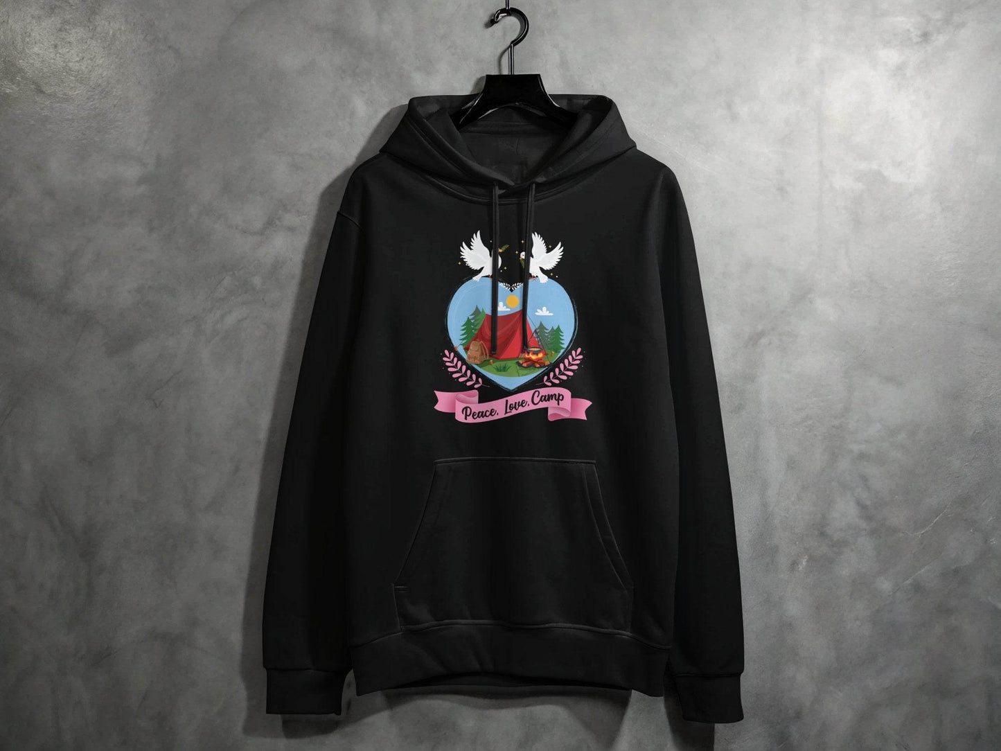Peace Love Camp Heart and Tent Design Pigeon Art Hoodie - Design & Vybe