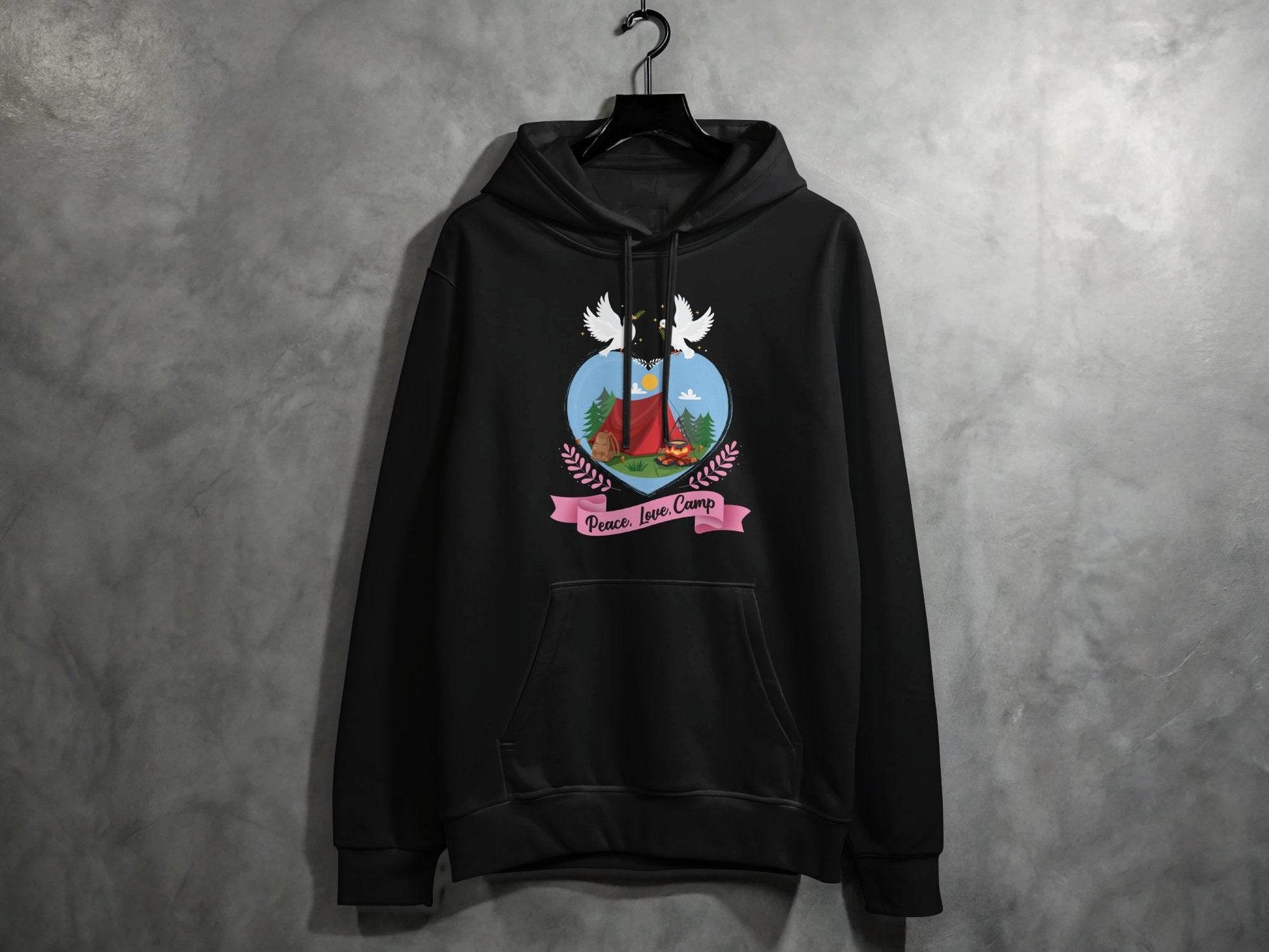 Peace Love Camp Heart and Tent Design Pigeon Art Hoodie - Design & Vybe