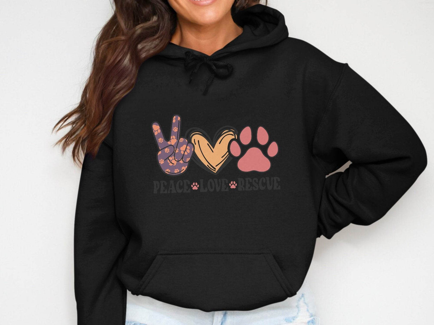 Peace Love Rescue Dog Paw Heart Pet Lover Graphic Hoodie - Design & Vybe