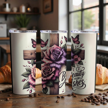 Beauty From Ashes Cross Rose Butterfly Design Tumbler - Design & Vybe
