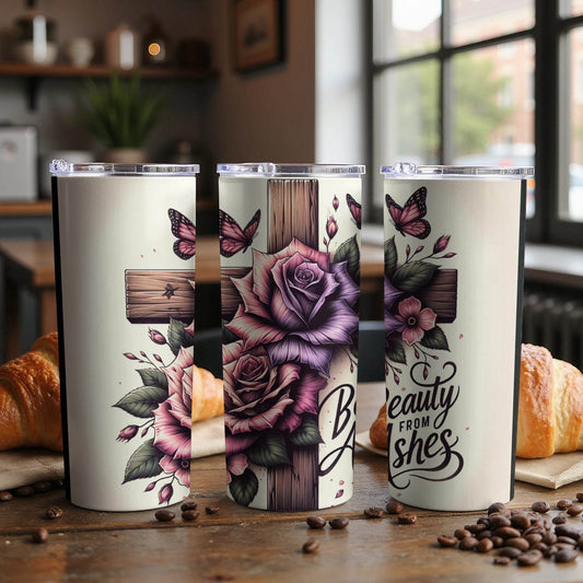 Beauty From Ashes Cross Rose Butterfly Design Tumbler - Design & Vybe