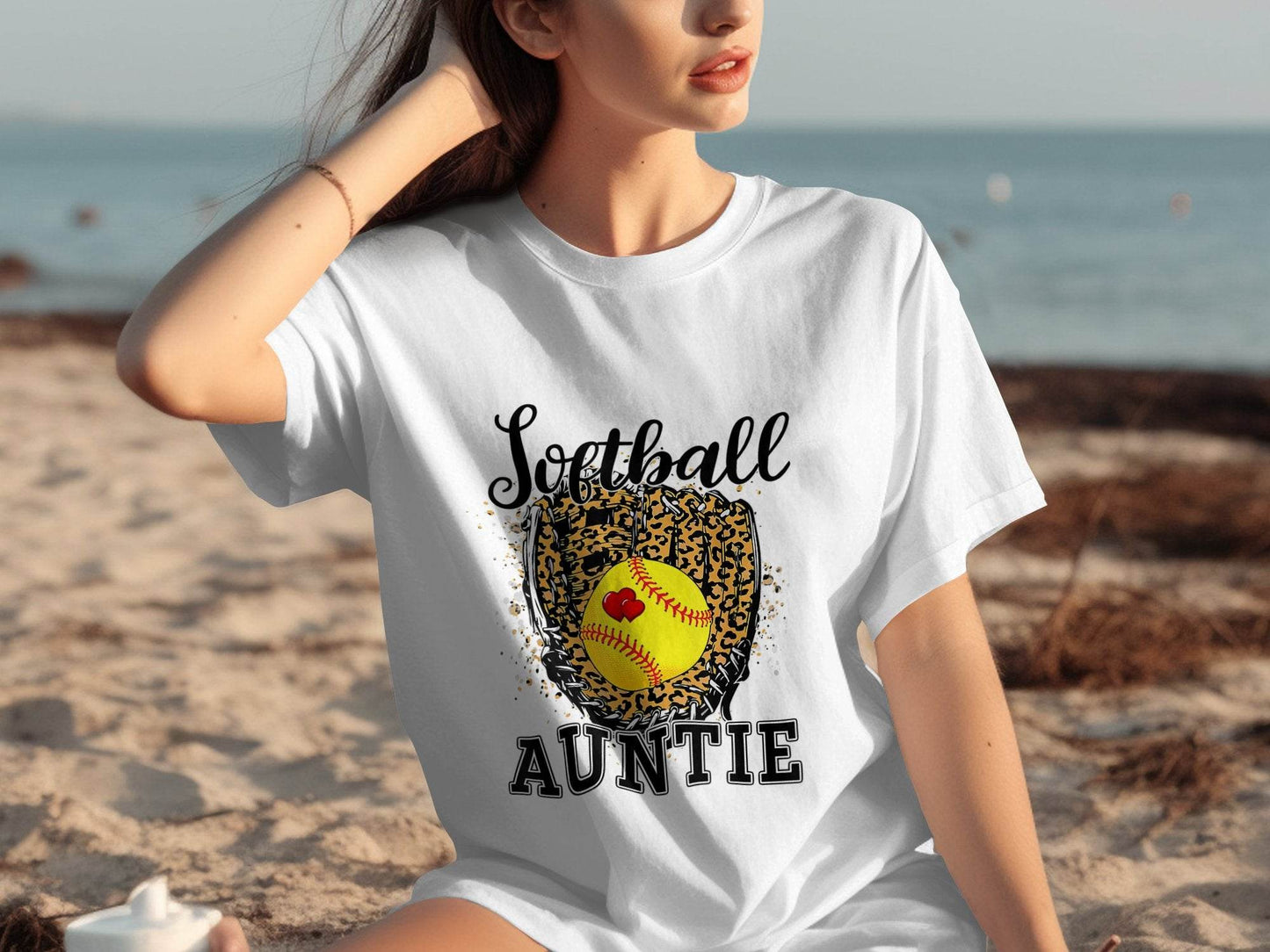 Softball Auntie with Hearts and Leopard Glove Design T-Shirt - Design & Vybe