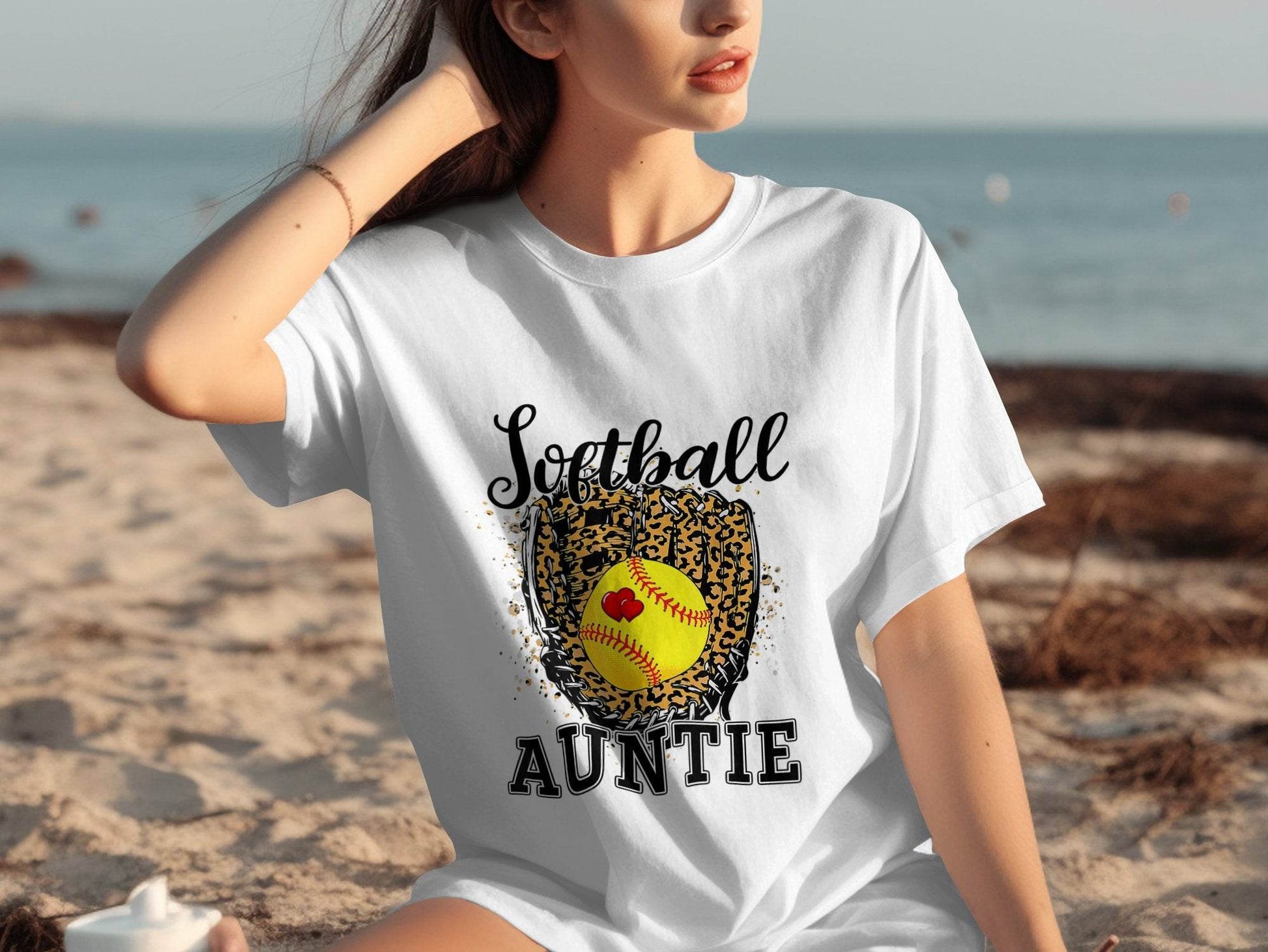 Softball Auntie with Hearts and Leopard Glove Design T-Shirt - Design & Vybe