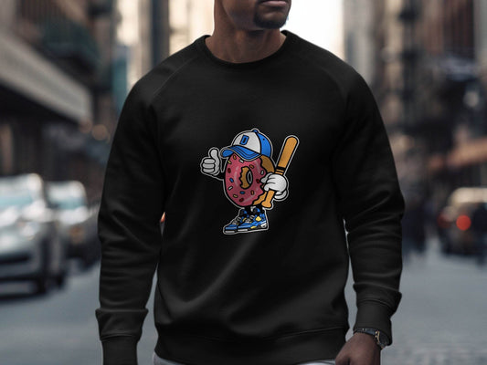 Donut Baseball Player Cartoon Vector Illustration Sweater - Design & Vybe