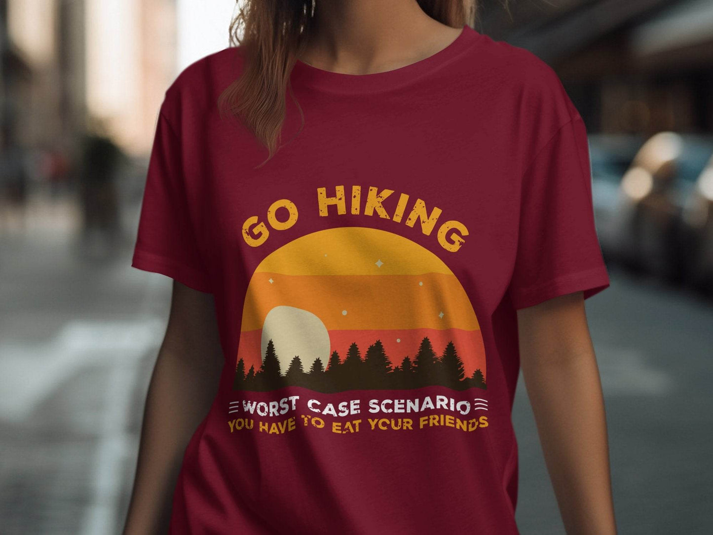 Go Hiking You Have To Eat Your Friends Sunset Design T-Shirt - Design & Vybe