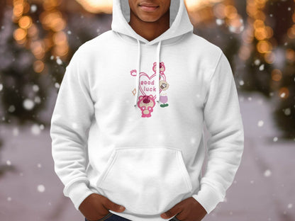 Cute Pink Bear With Good Lucky Heart Design Hoodie - Design & Vybe