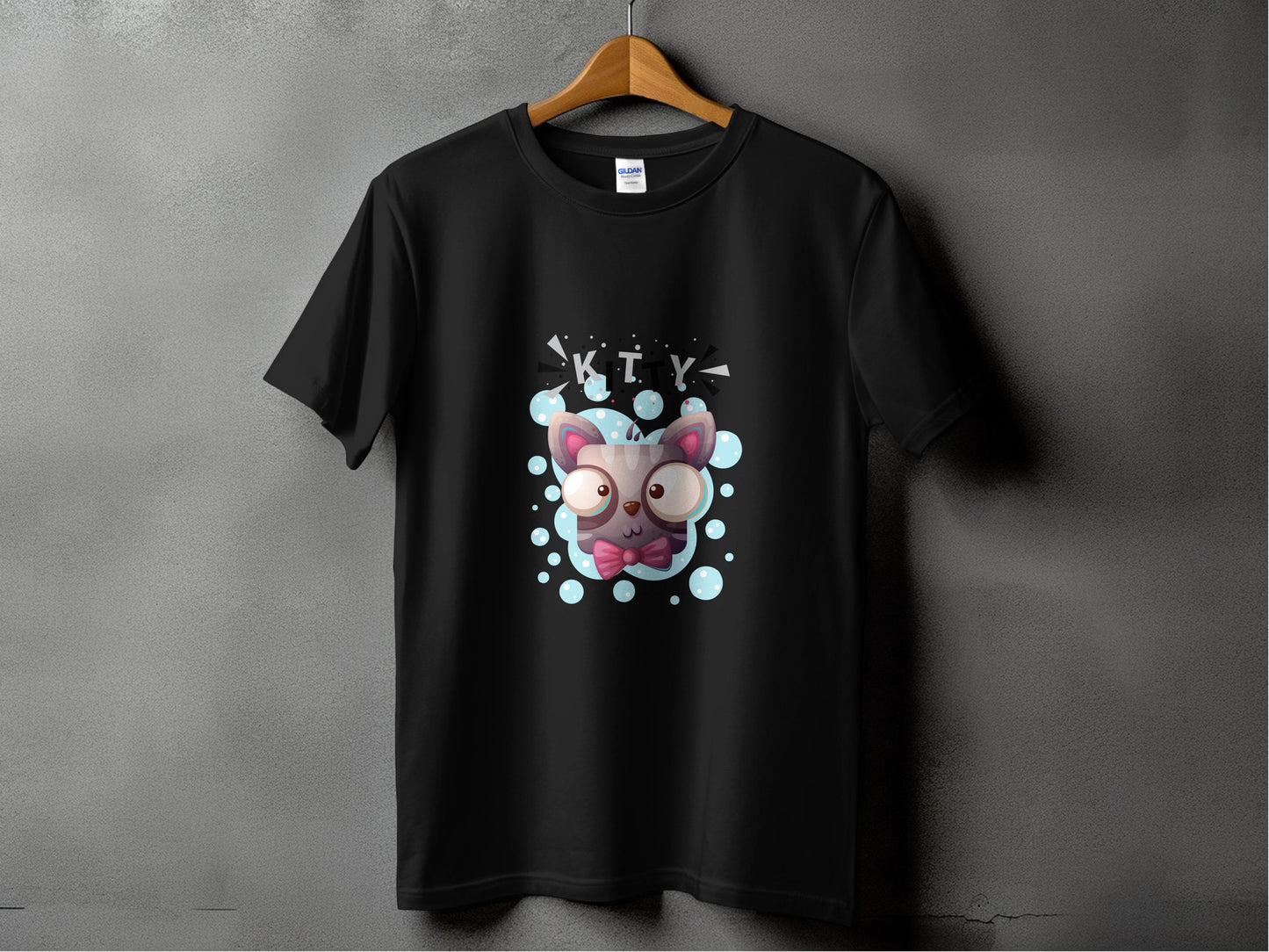 Cute Kitty Cartoon Print Black T-Shirt product type