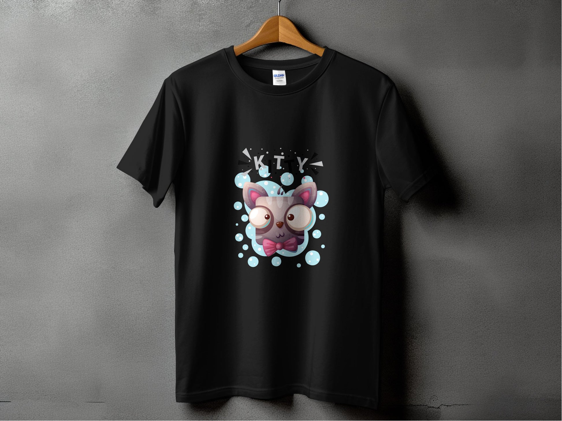 Cute Kitty Cartoon Print Black T-Shirt product type