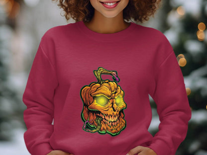 Glowing Eye Spooky Scary Pumpkin Skull Halloween Sweater - Design & Vybe