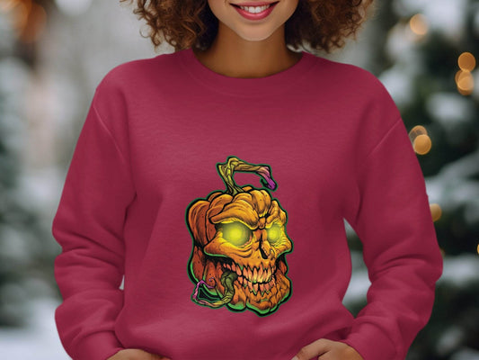 Glowing Eye Spooky Scary Pumpkin Skull Halloween Sweater - Design & Vybe