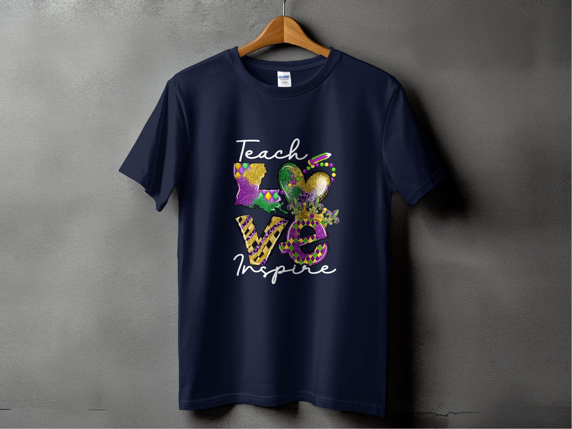 Teach Love Inspire Louisiana Heart Crown Mardi Gras T-Shirt - Design & Vybe