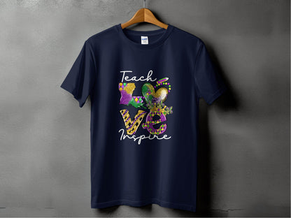 Teach Love Inspire Louisiana Heart Crown Mardi Gras T-Shirt - Design & Vybe