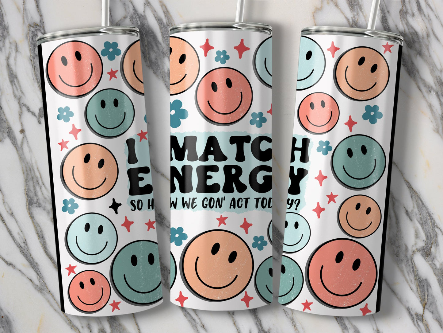 I Match Energy Smile Faces Pattern Drinkware product