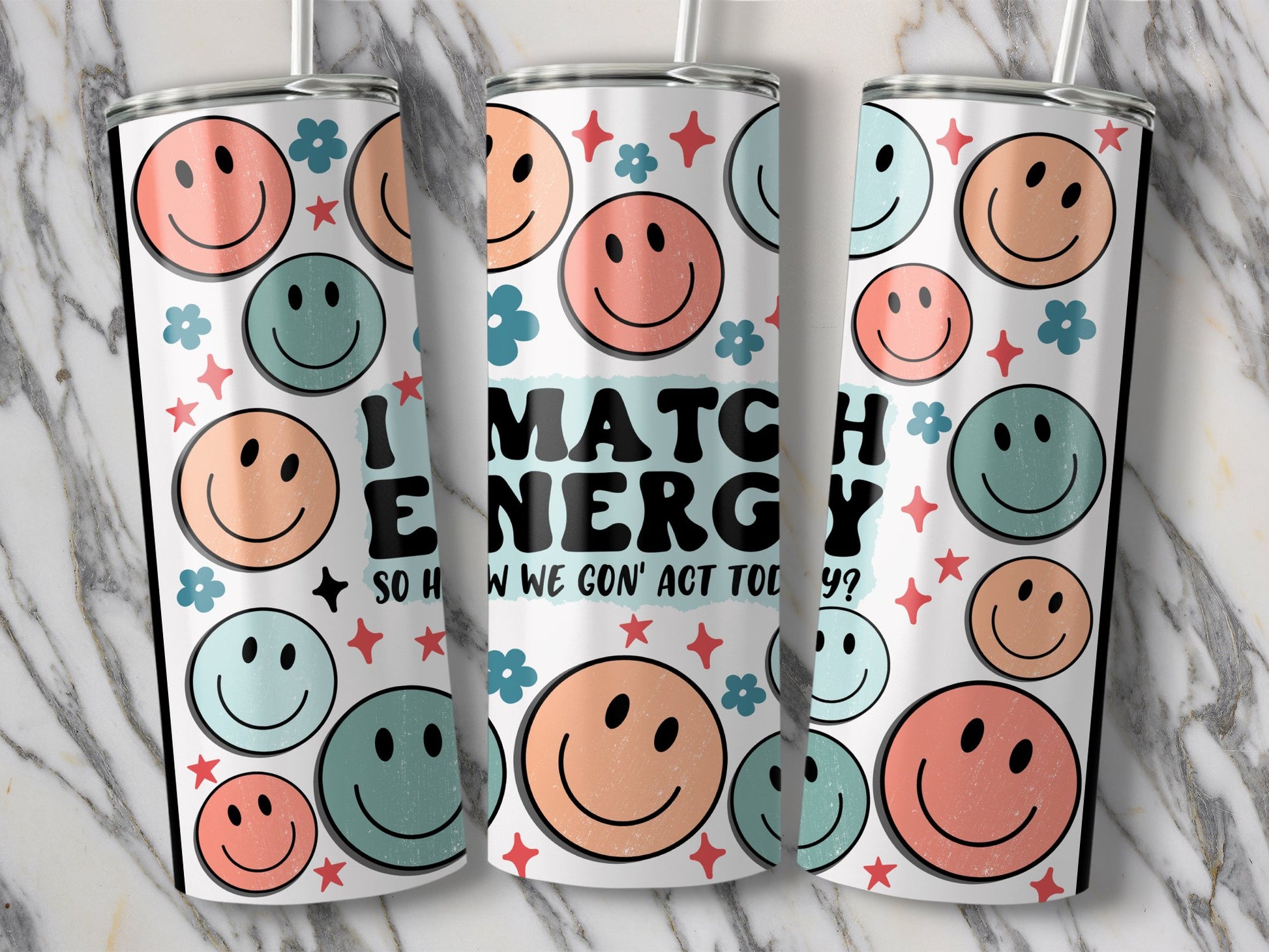 I Match Energy Smile Faces Pattern Drinkware product