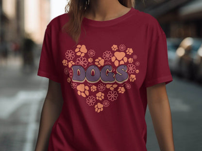 Retro Dogs Heart with Paw Prints and Flowers Design T-Shirt - Design & Vybe
