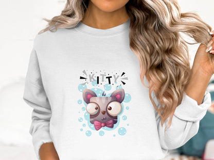 Cute Crazy Kitty Design with Large Eyes and Bow Tie Sweater - Design & Vybe