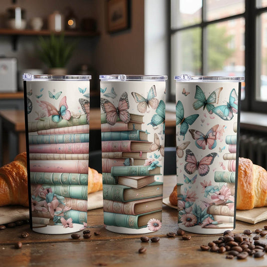 Elegant Butterflies On Stack Books Pastel Colors Style Tumbler - Design & Vybe