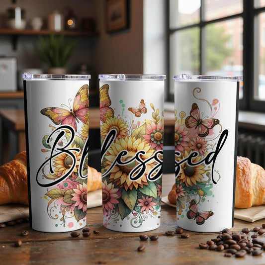 Blessed Butterfly Sunflower Art Design Print On A Tumbler - Design & Vybe