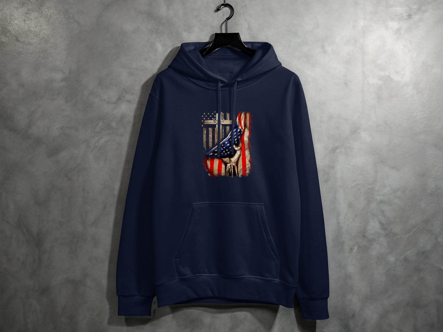 American Flag Plus Cross Held in Hand Design Hoodie - Design & Vybe