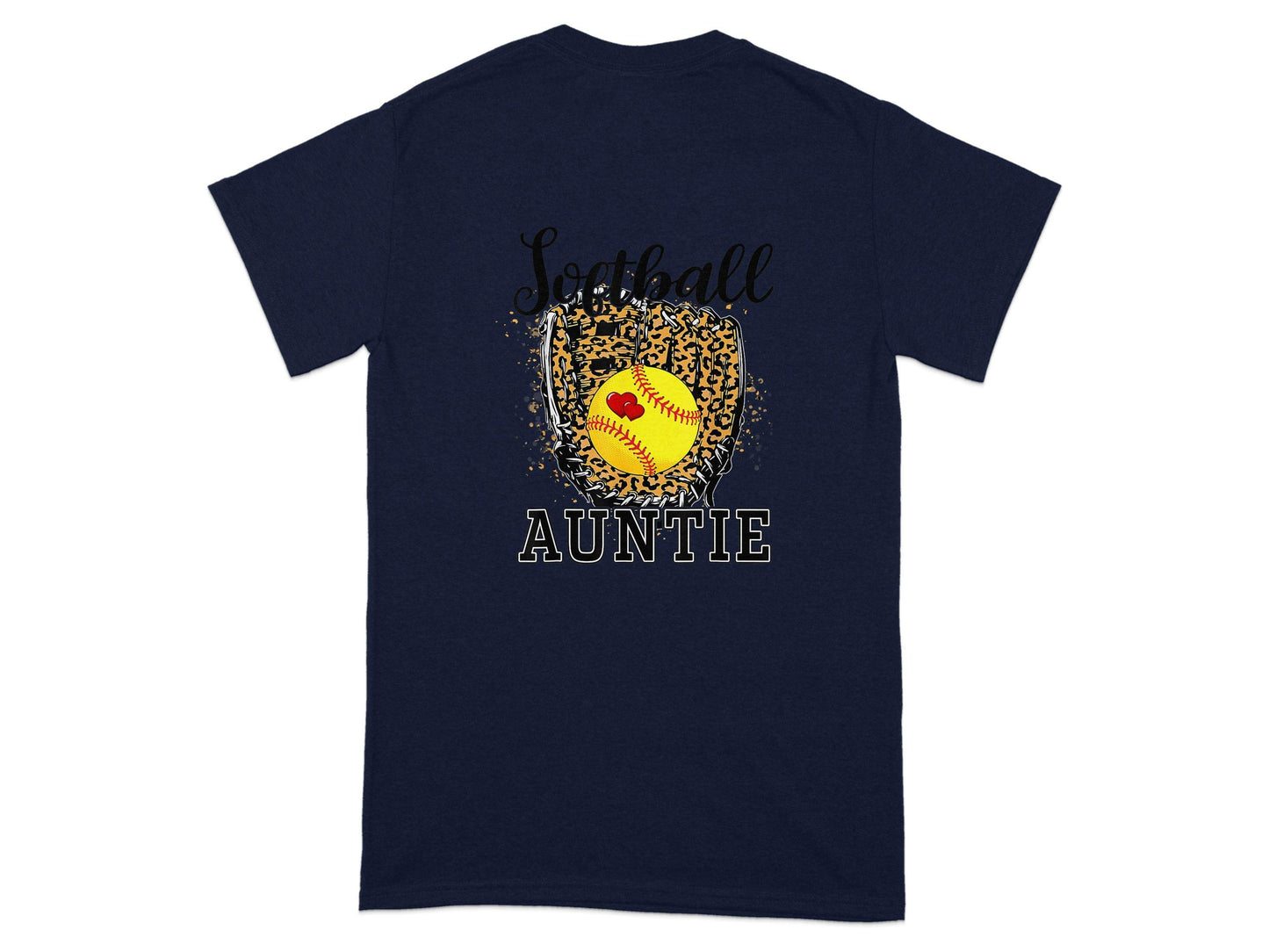 Softball Auntie with Hearts and Leopard Glove Design T-Shirt - Design & Vybe