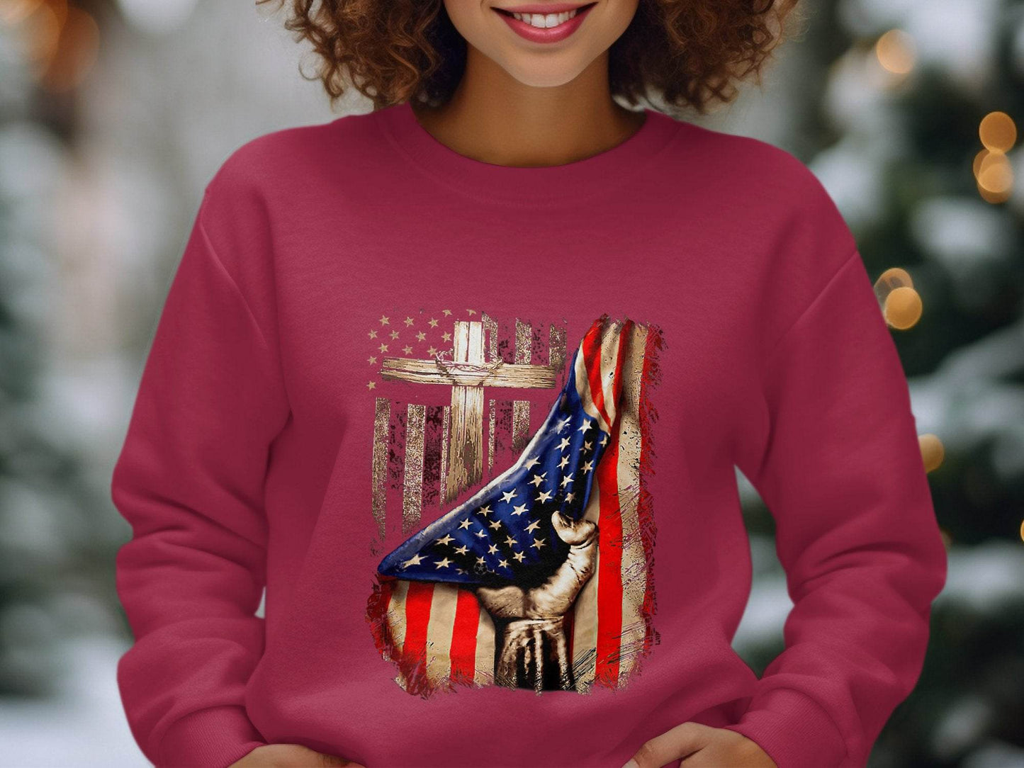 American Flag Plus Cross Held in Hand Design Sweater - Design & Vybe