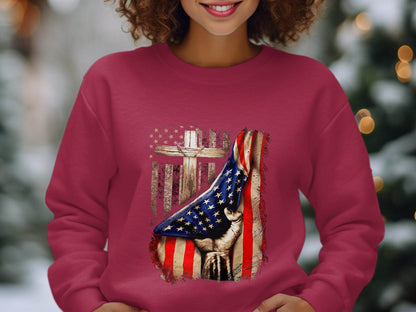 American Flag Plus Cross Held in Hand Design Sweater - Design & Vybe