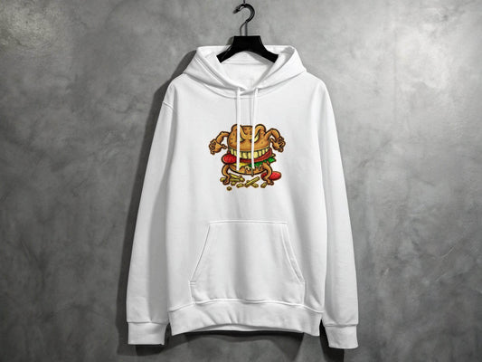 Quirky Cartoon Monster Cheeseburger Graphic Hoodie - Design & Vybe