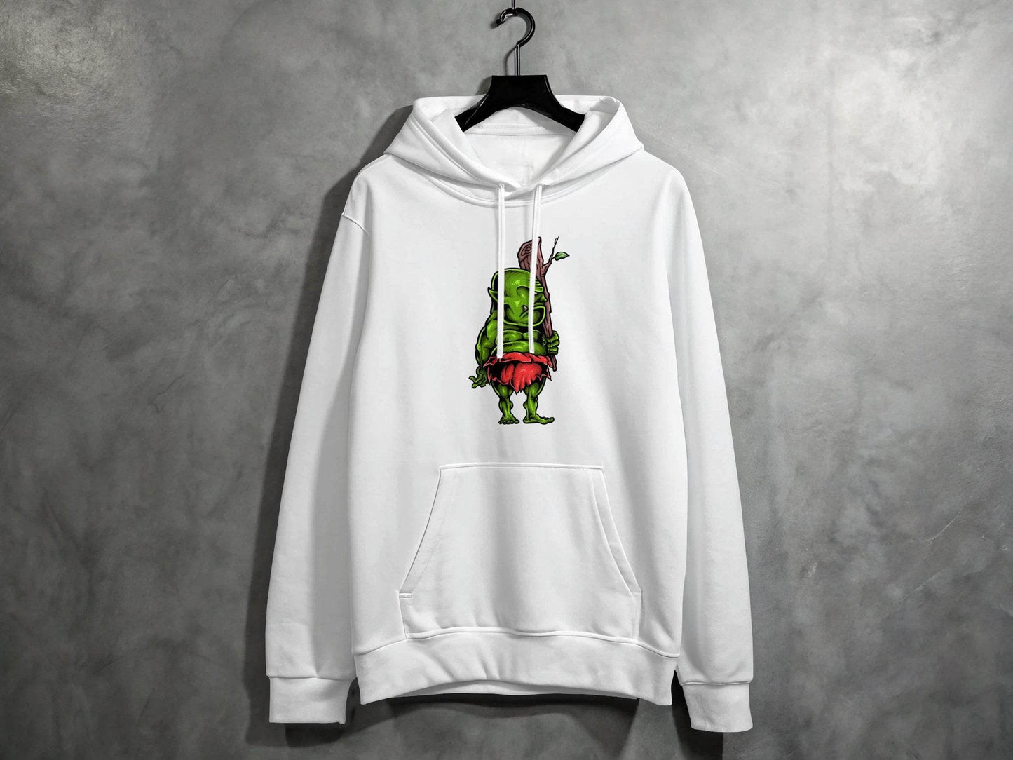 Green Troll Graphic Hoodie With Red Skirt And Wooden Club - Design & Vybe