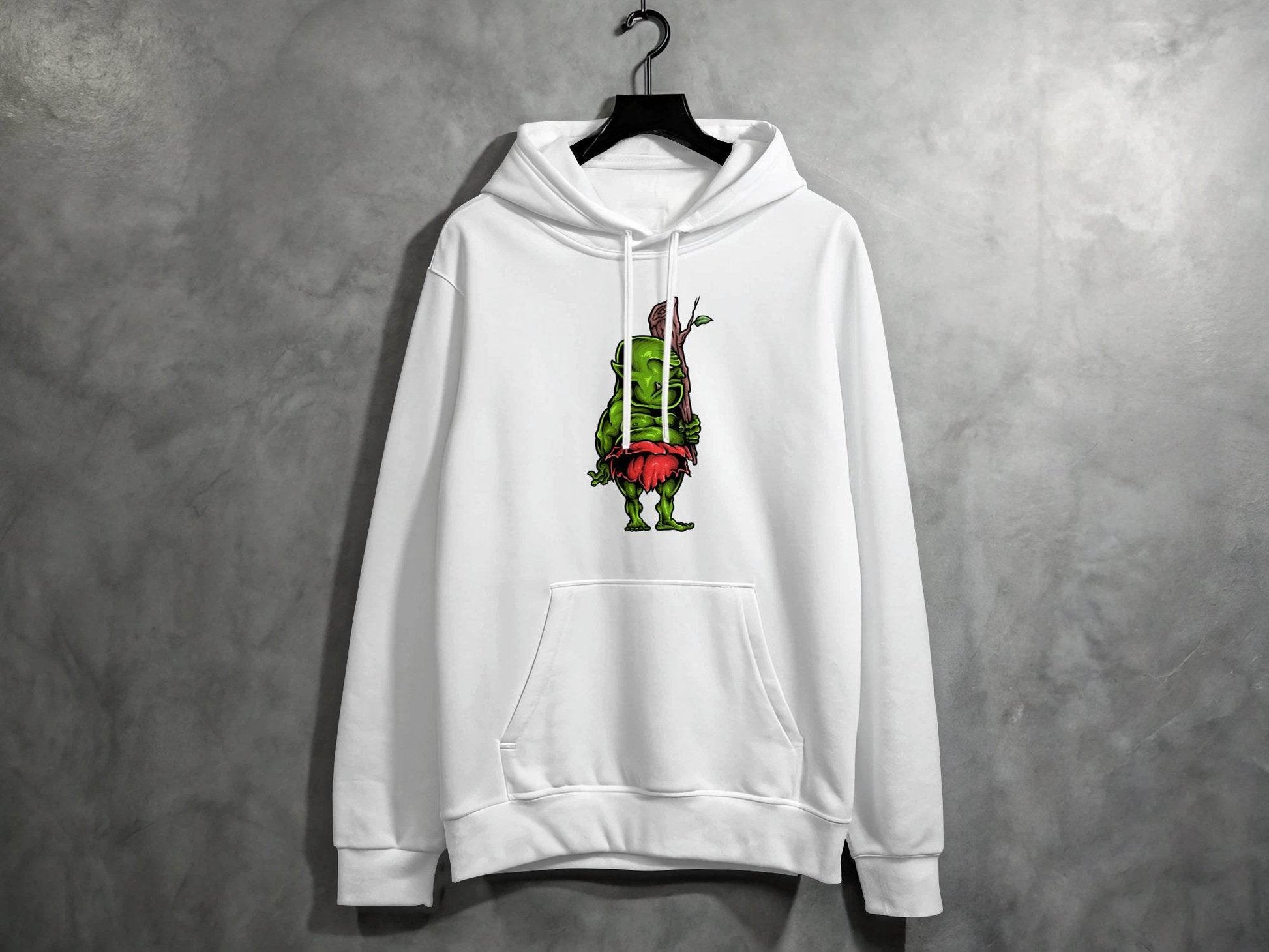 Green Troll Graphic Hoodie With Red Skirt And Wooden Club - Design & Vybe