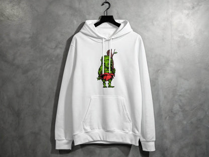 Green Troll Graphic Hoodie With Red Skirt And Wooden Club - Design & Vybe