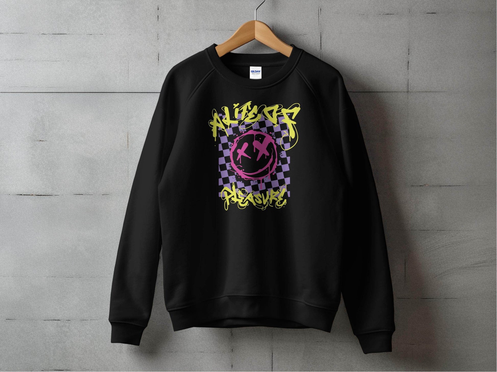 Grunge Smiley Checkered Dead Smile Graphic with Graffiti Sweater - Design & Vybe