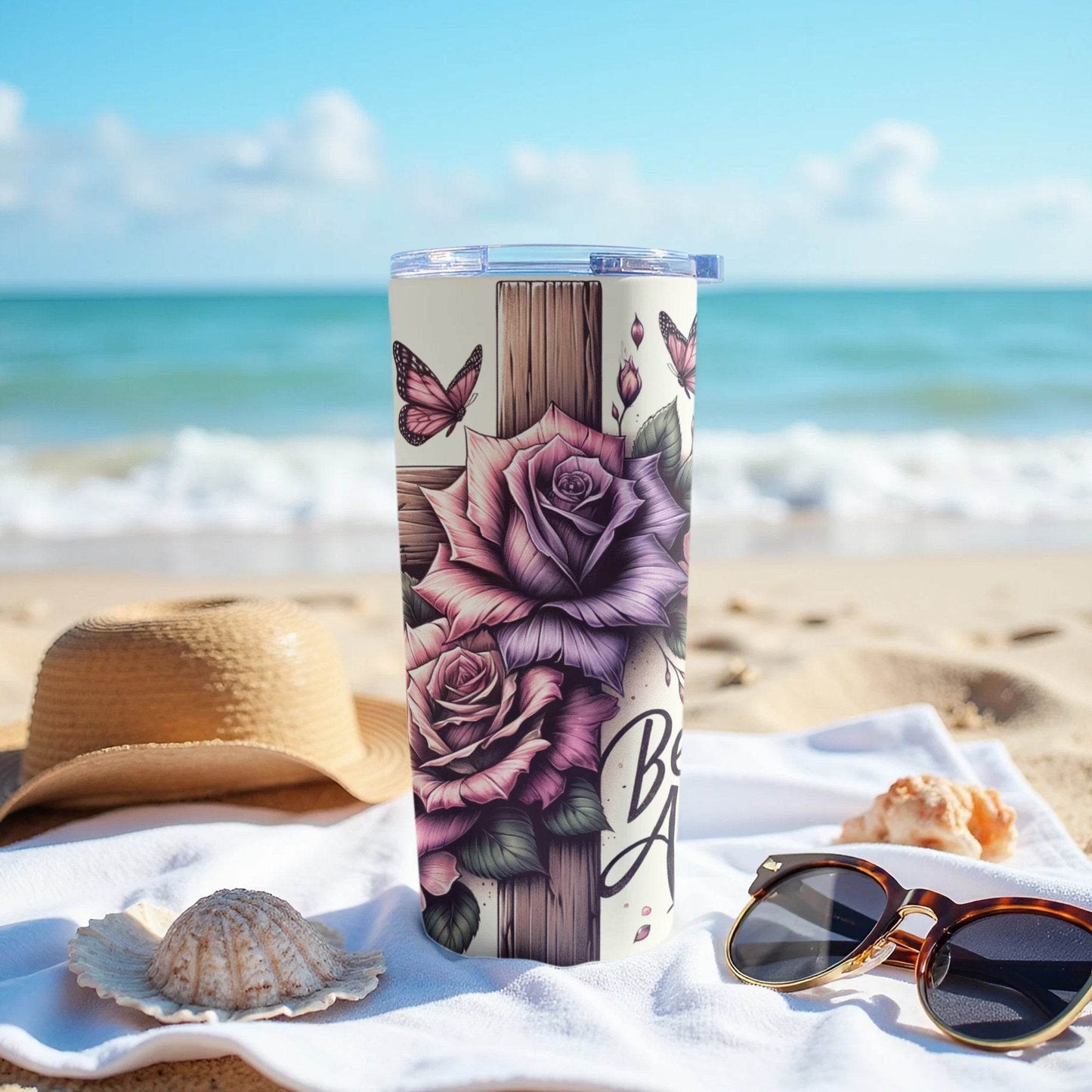 Beauty From Ashes Cross Rose Butterfly Design Tumbler - Design & Vybe