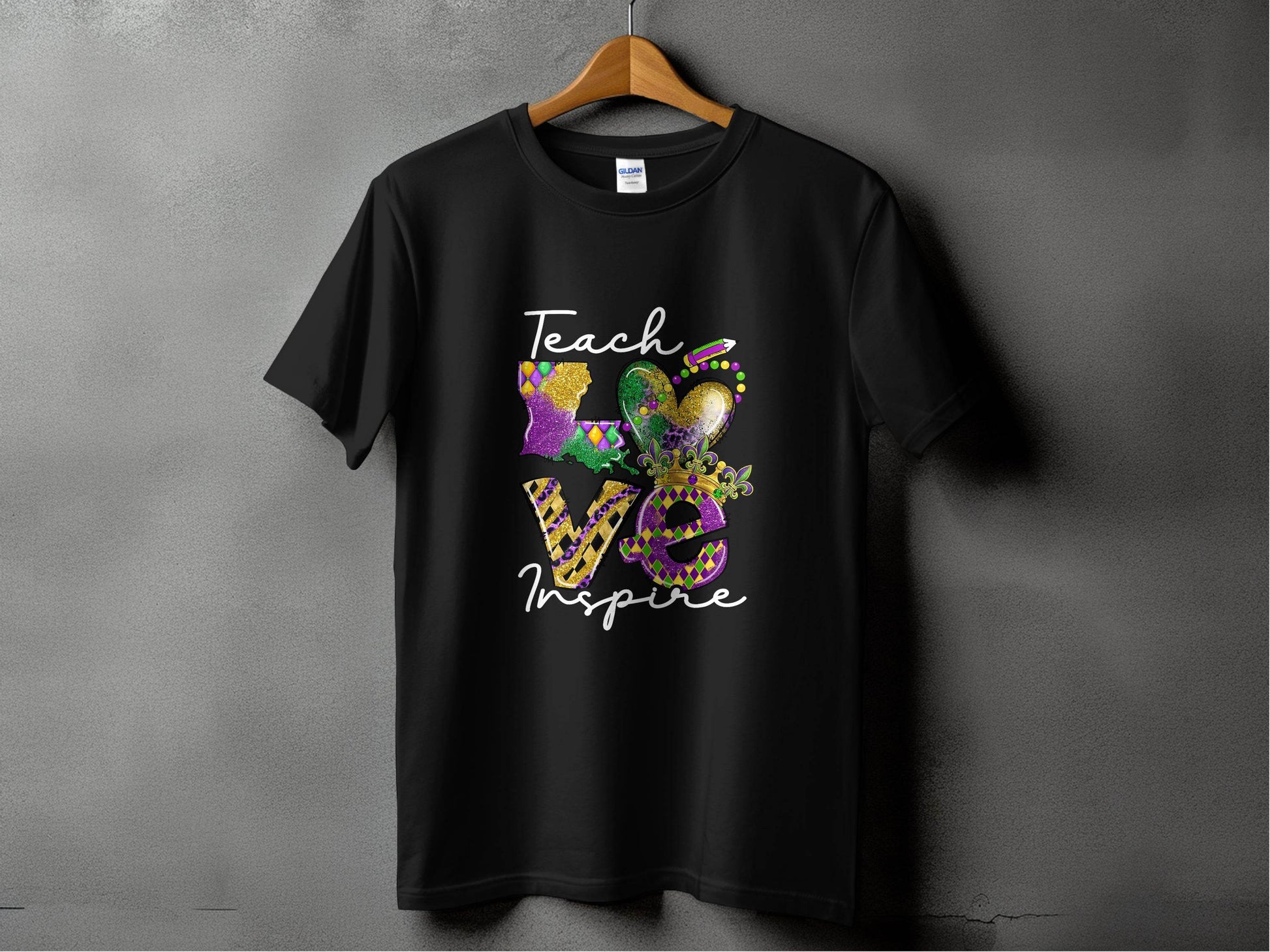 Teach Love Inspire Louisiana Heart Crown Mardi Gras T-Shirt - Design & Vybe