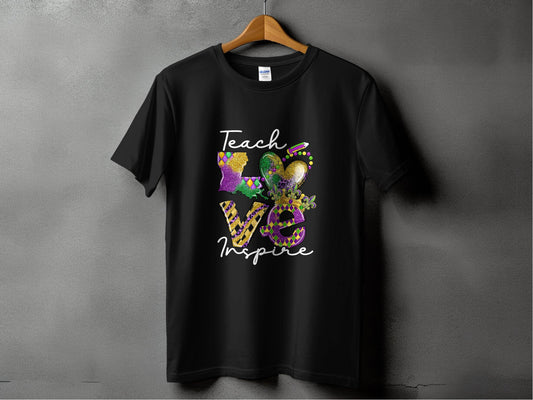 Teach Love Inspire Louisiana Heart Crown Mardi Gras T-Shirt - Design & Vybe