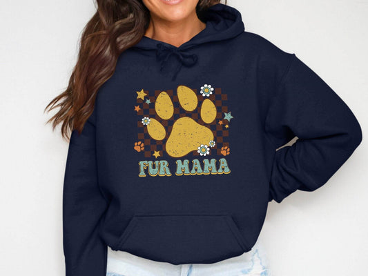 Fur Mama Paw Print Stars Flowers Checkered Pattern Hoodie - Design & Vybe