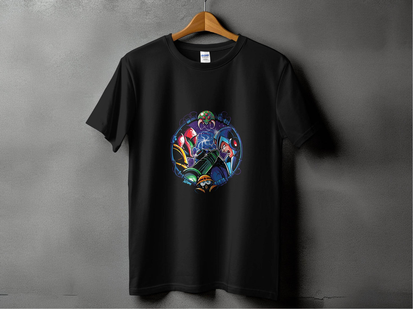 Metroid Meets Mega Man Character Design in Space T-Shirt - Design & Vybe