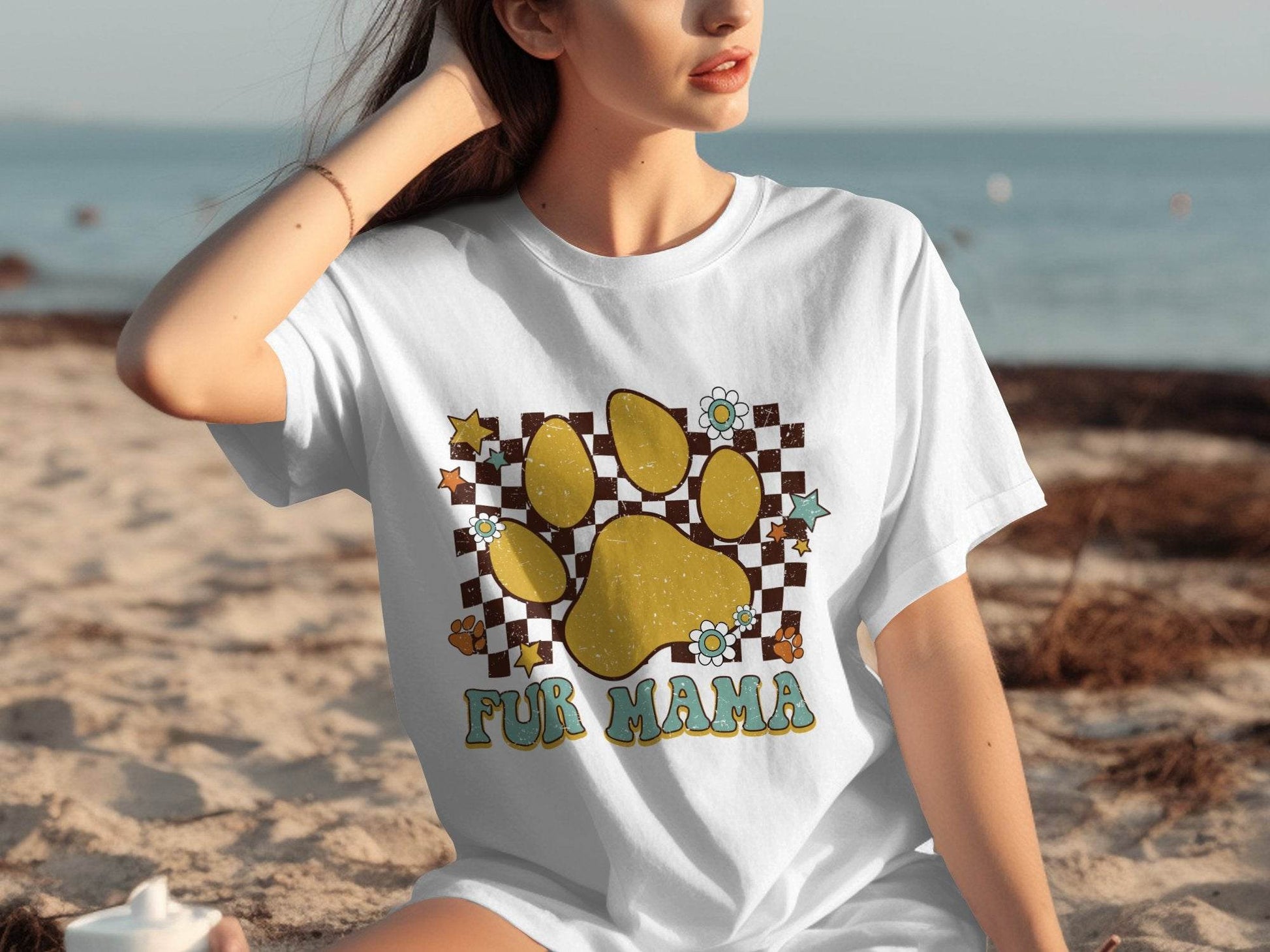 Fur Mama Paw Print Stars Flowers Checkered Pattern T-Shirt - Design & Vybe