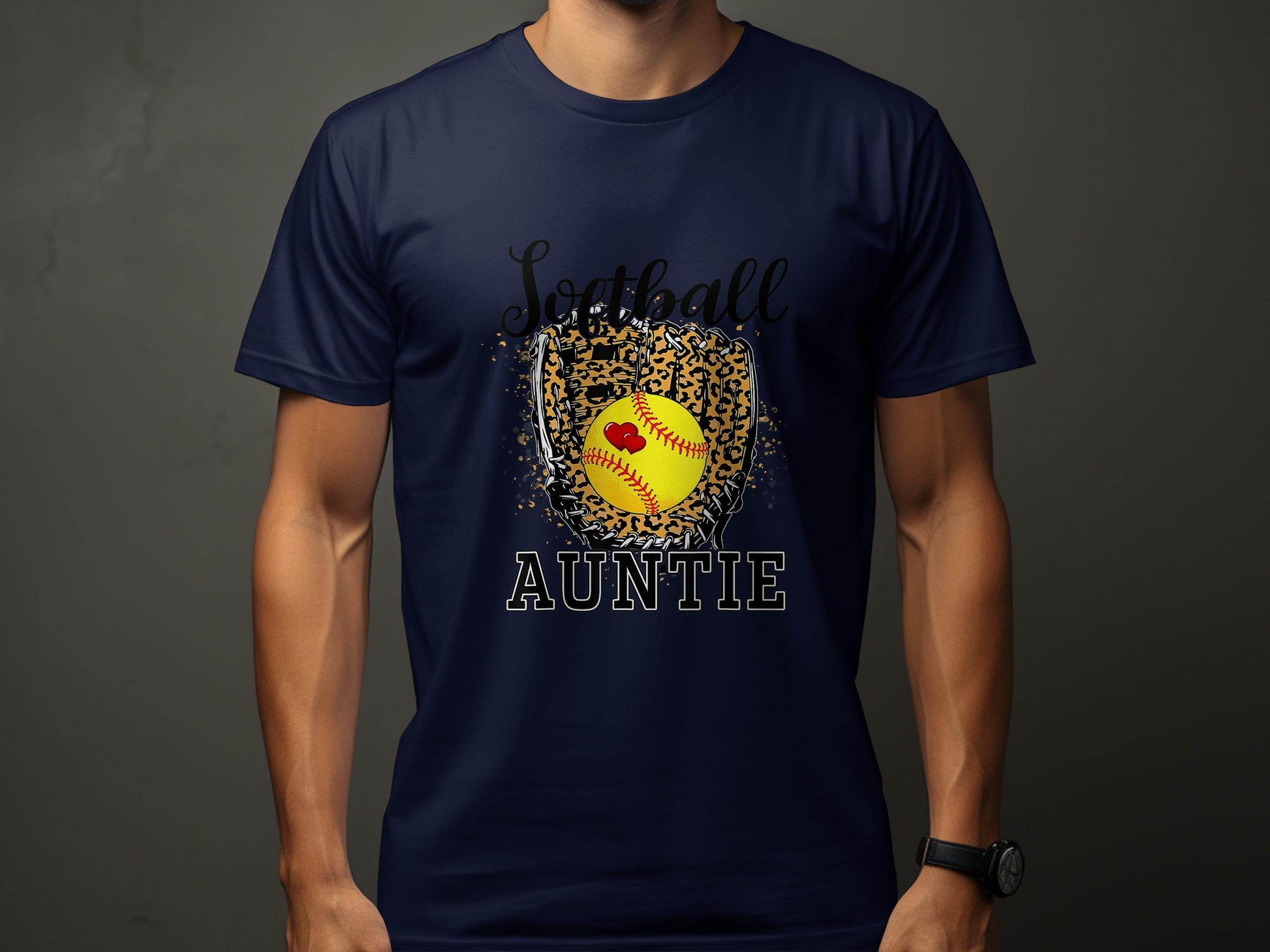 Softball Auntie with Hearts and Leopard Glove Design T-Shirt - Design & Vybe