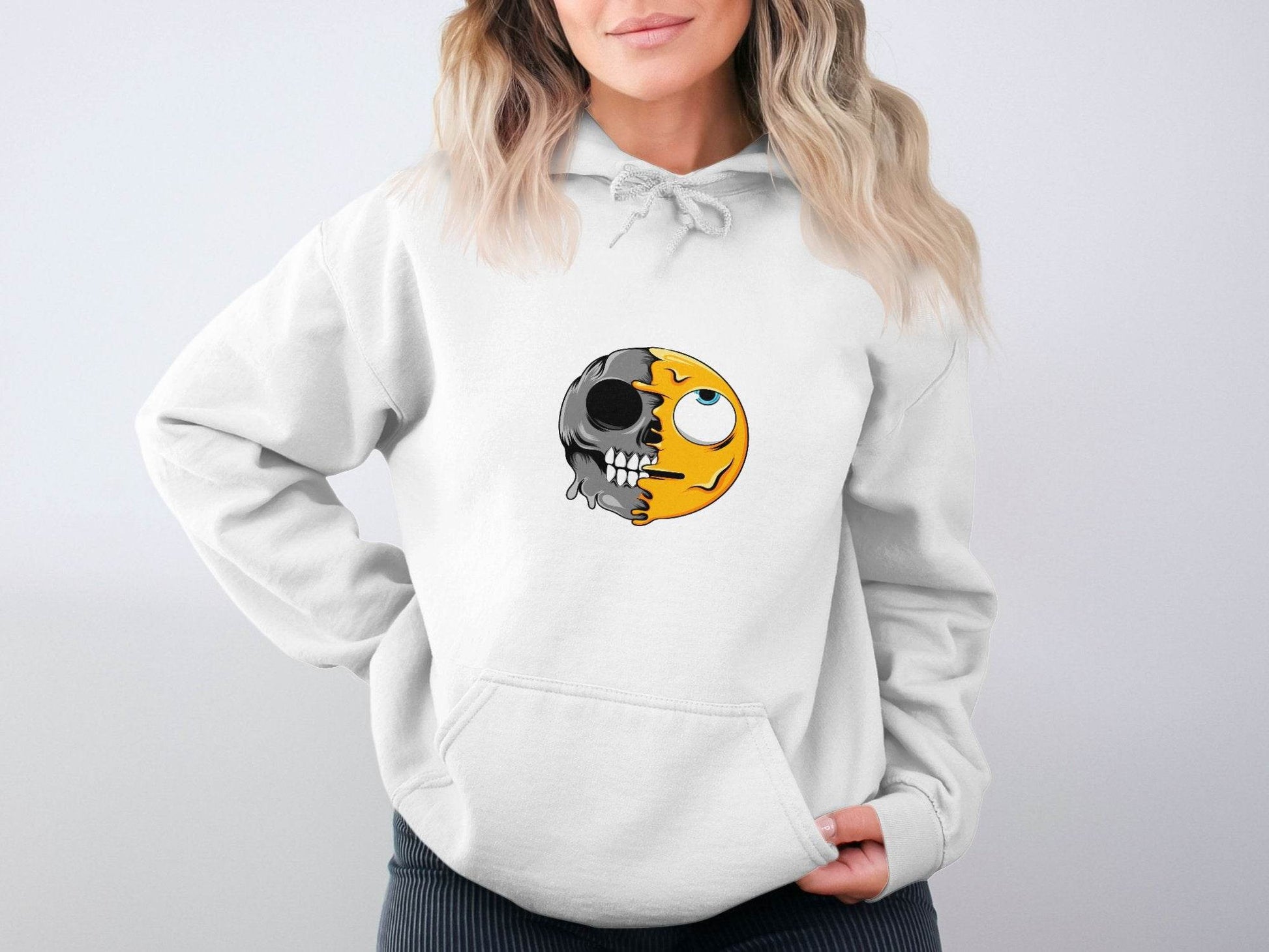 Half Skull Half Emoji Artistic Pattern Novelty Hoodie - Design & Vybe