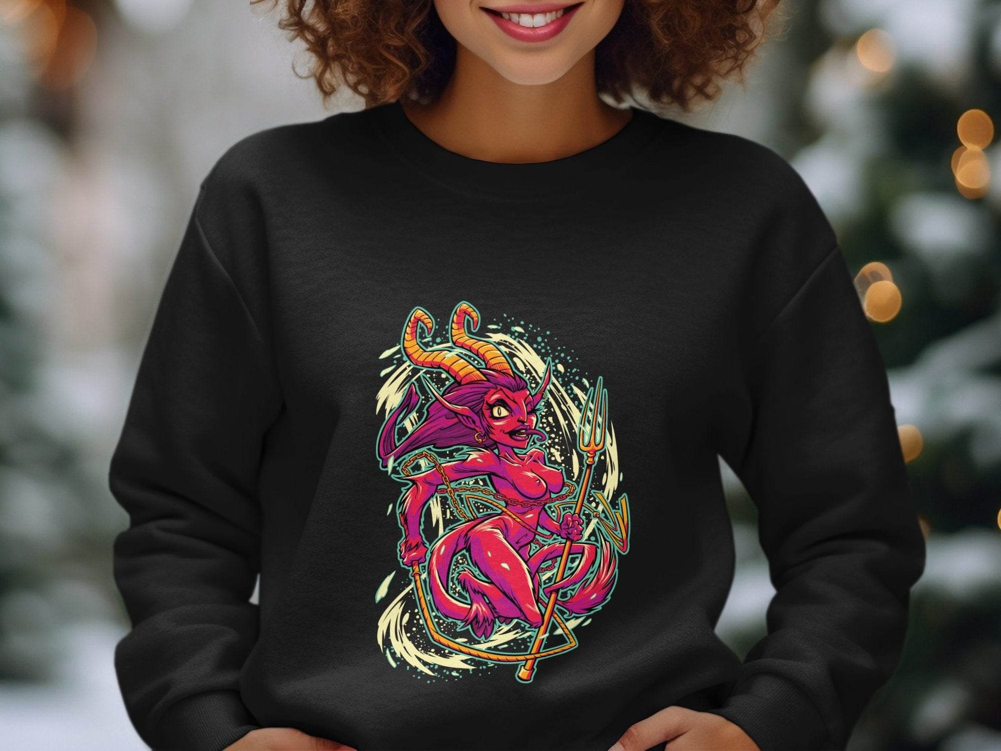 Fiery Temptress Devil Girl Art With A Pitchfork Sweater - Design & Vybe