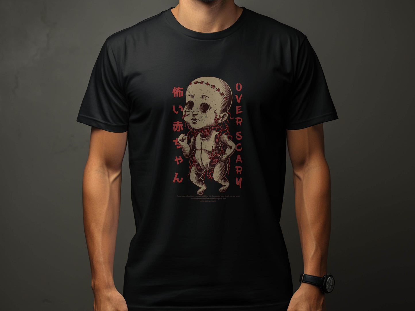 Scary Doll with Japanese Text Design Trendy Over Scary T-Shirt - Design & Vybe