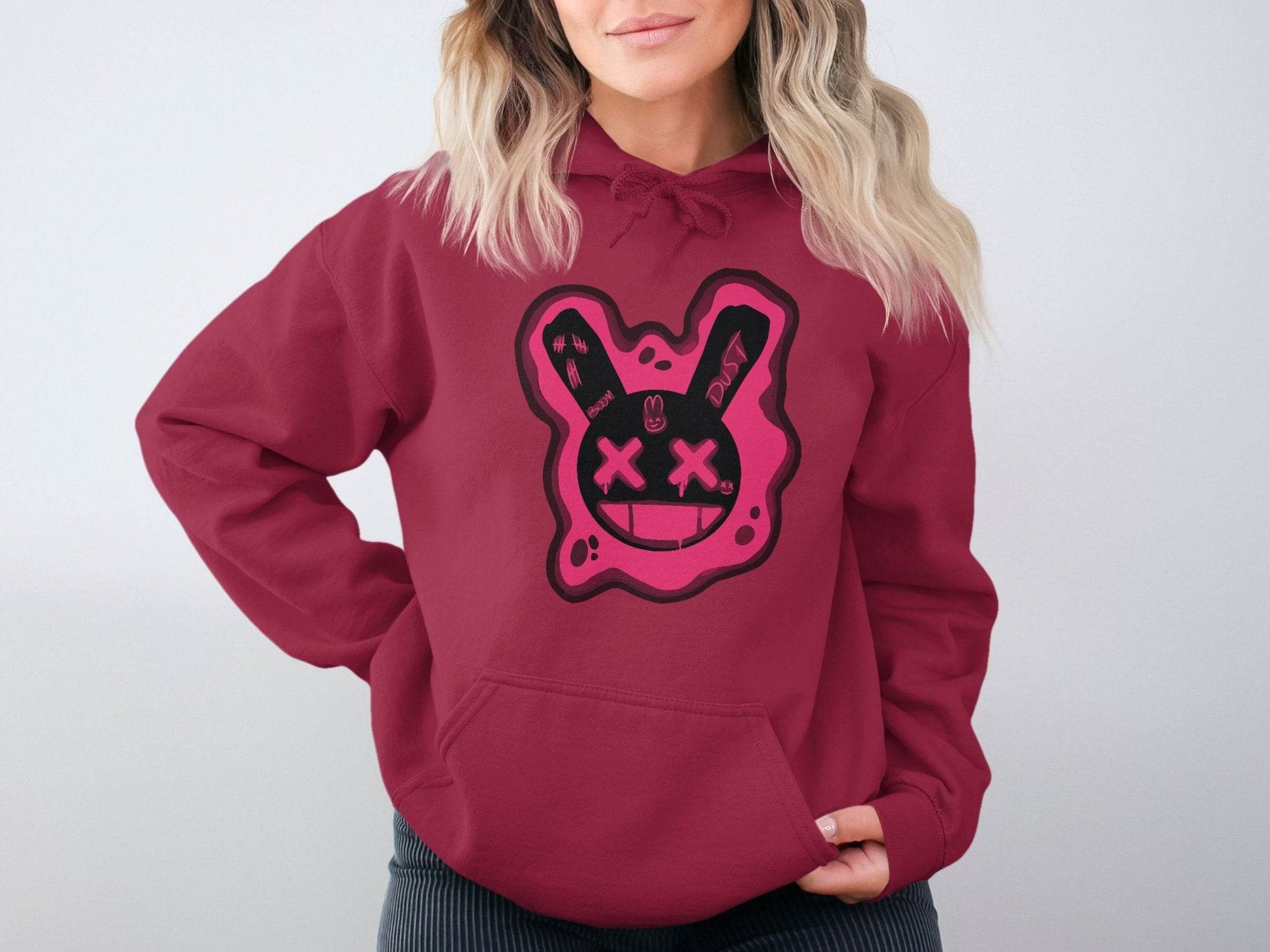 Unique Red Pink Dripping Rabbit Bunny Dead Smiley Face Graphic Hoodie - Design & Vybe