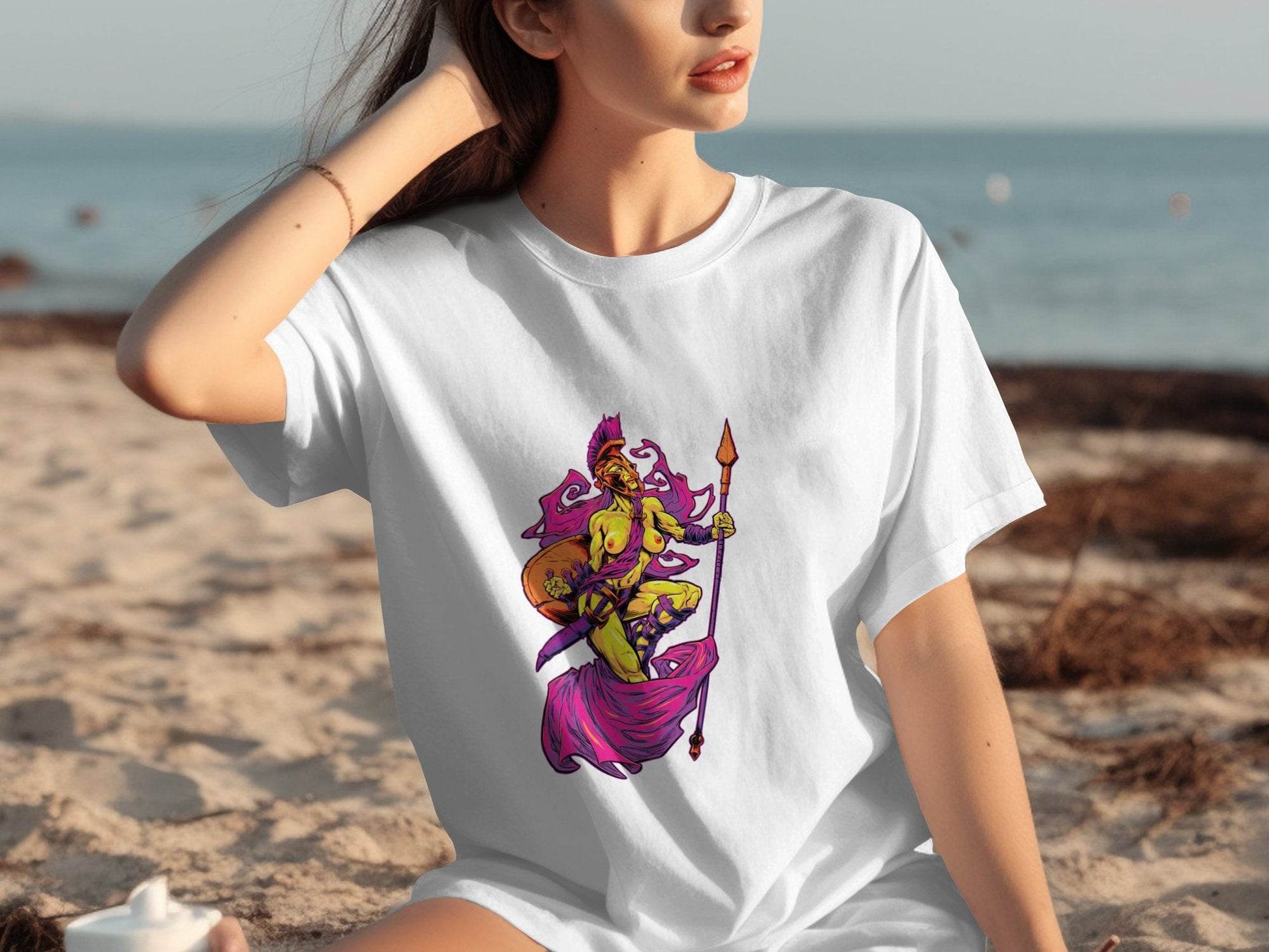Striking Female Warrior with Spear Graphic Art T-Shirt - Design & Vybe