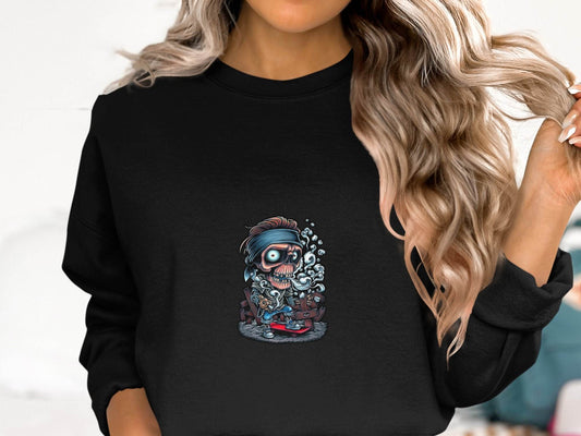 Skull On Skateboard Smoking Cartoon Art Illustration Sweater - Design & Vybe