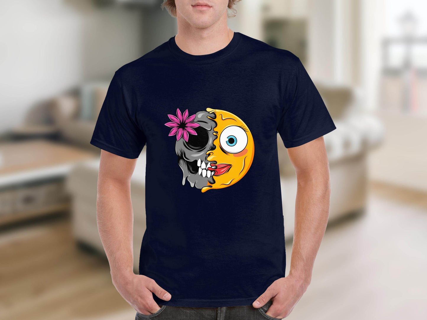 Half Skull and Happy Face Smiley Design T-Shirt - Design & Vybe