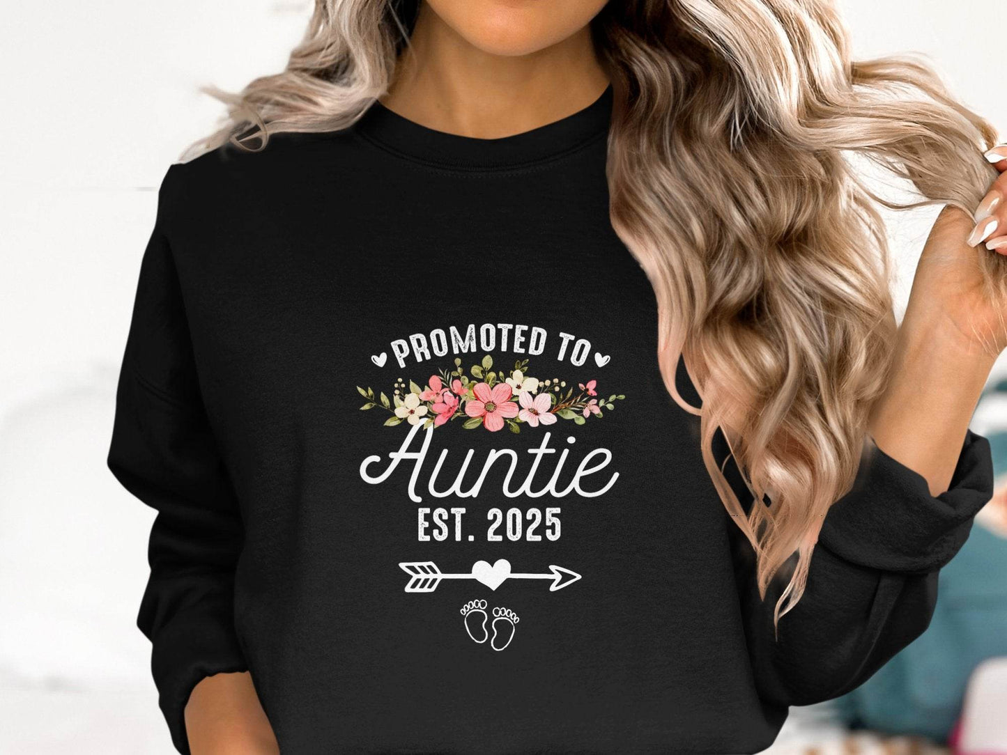 Promoted To Auntie Floral Arrow Baby Feet Est 2025 Sweater - Design & Vybe