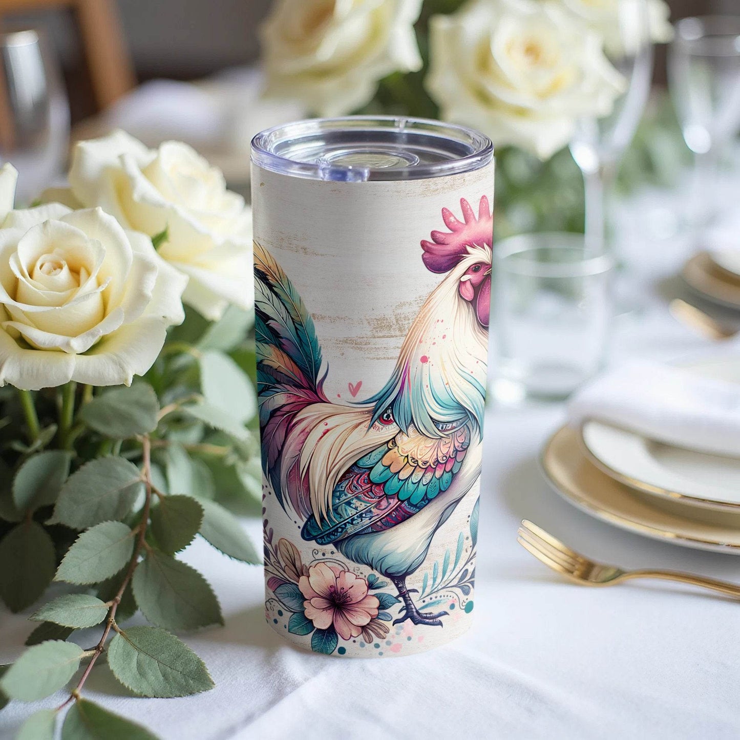 Artistic Rooster Floral Accented Design Great for Spring Tumbler - Design & Vybe