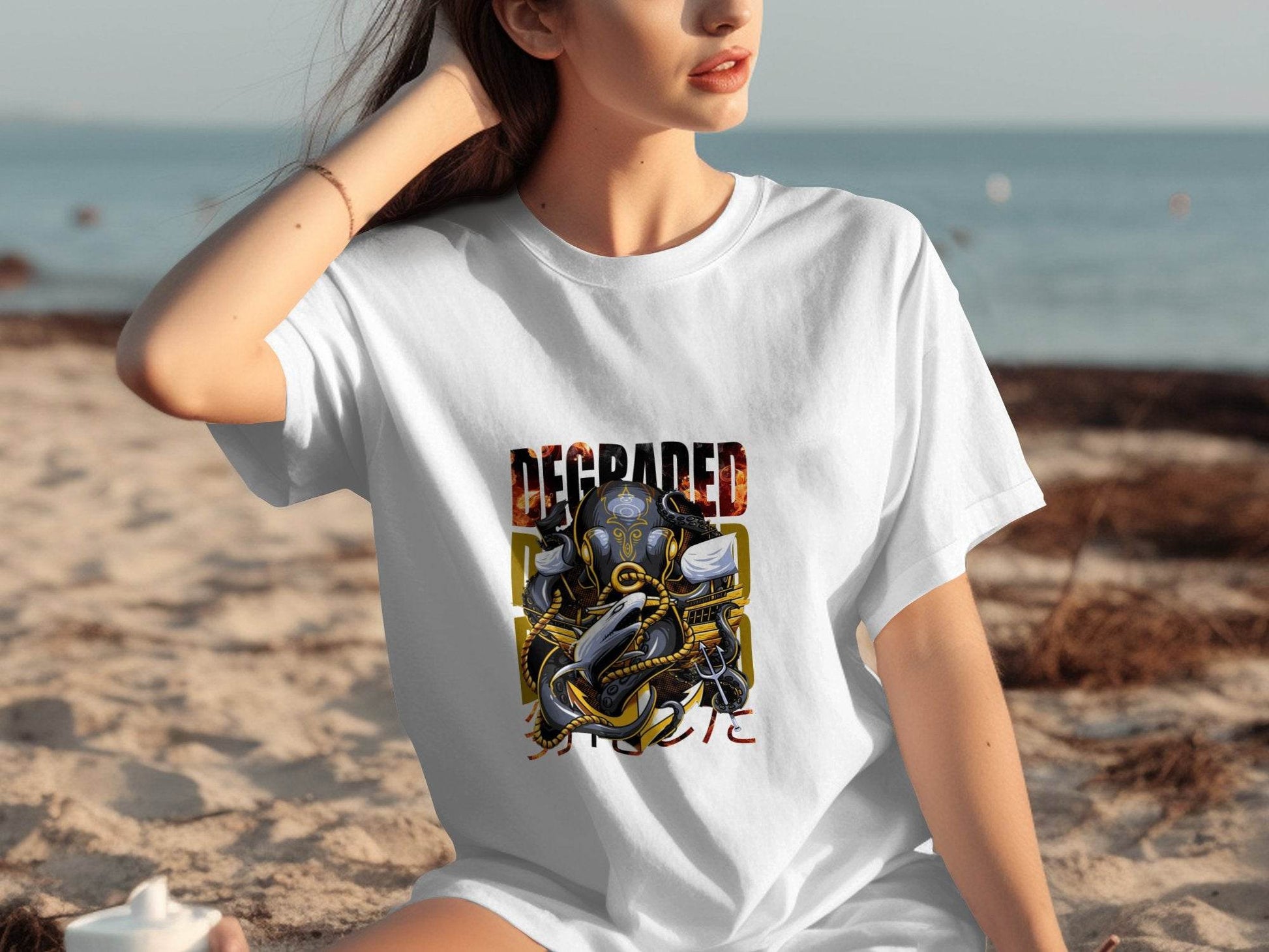 Degraded Design with Shark Anchor Octopus Artwork T-Shirt - Design & Vybe